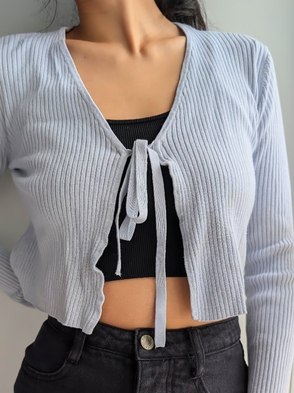 Garage Baby Blue Ribbed Tie-Front Cropped Cardigan